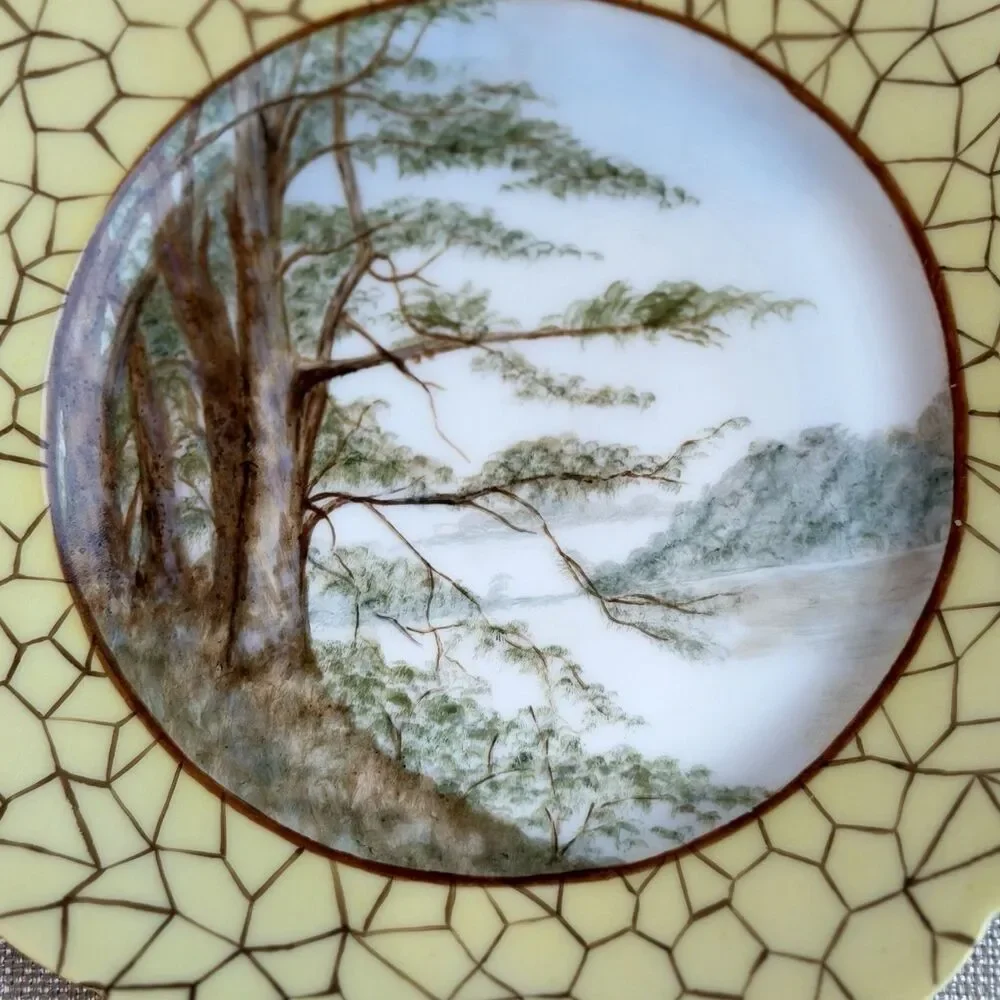 Antique H & Co Limoges Hand Painted Yellow Landscape Trees Rocky Coast 7 3/4”